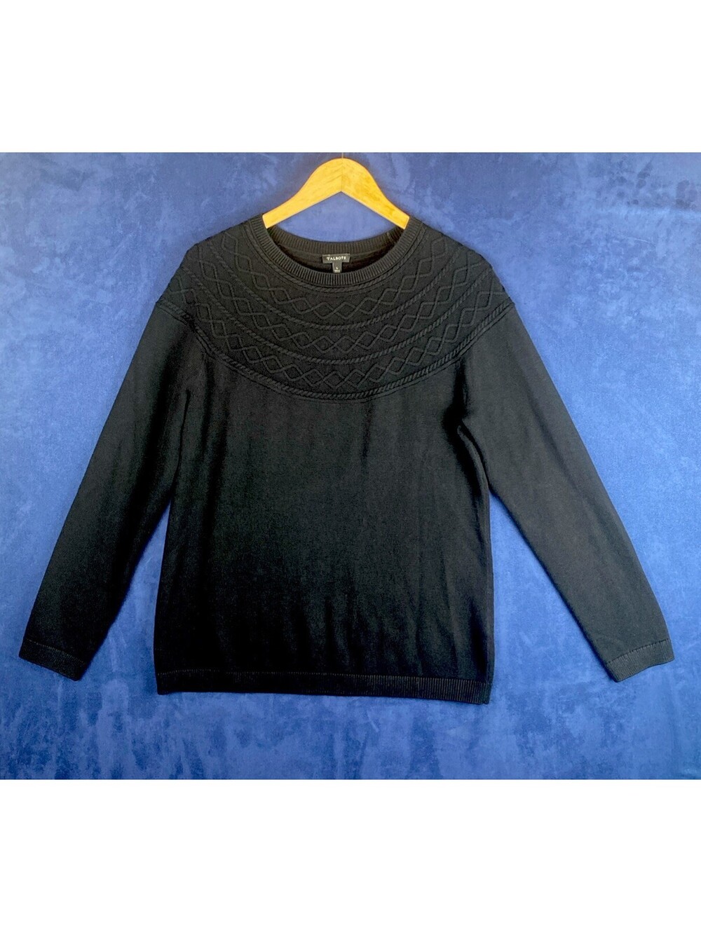 Talbots Cable Yoke Cotton Cashmere Blend Sz. L Black Crew Neck Sweater
